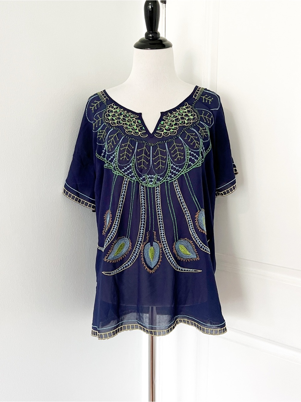 Mushka by Sienna Rose Embroidered Navy Boho Blouse with Green Accents - Medium